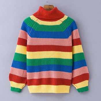 Rainbow turtleneck knitted striped oversized sweater